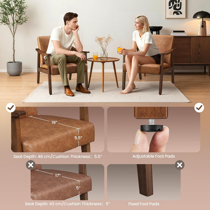 Yaheetech Faux Leather Accent Chair, Mid-Century Modern Armchair with Solid Wood Legs, Reading Leisure Chair with High Back for Living Room Bedroom Waiting Room, Set of 2, Brown — Brown / Faux Leather (6)