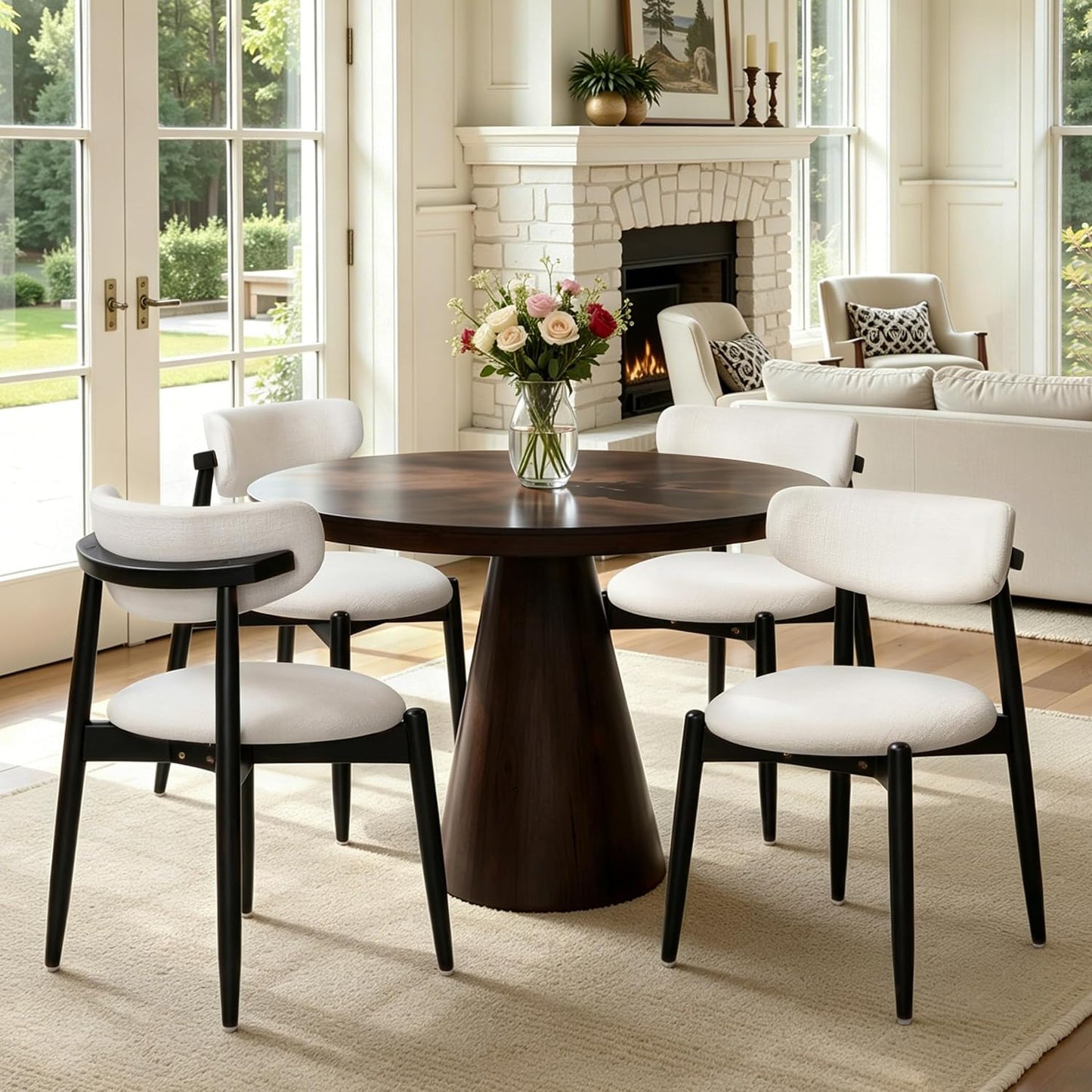CHUN YI Dining Chairs Set of 4, Upholstered Wooden Dining Room Chairs, Mid Century Modern Fabric Kitchen Chair with Ergonomic Curved Backrest, Beige (Only Chairs) — Round-cream-black / Set of 4