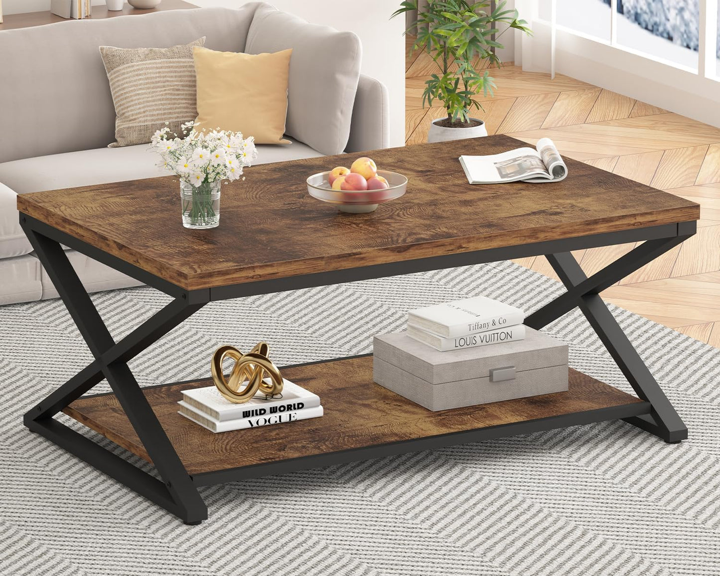 HSH Rustic Farmhouse Coffee Table, Modern Minimalist Wood and Metal Living Room Table, 2 Tie Rectangle Center Table with Storage & Display Shelf, Simple Office Cocktail Tea Table, Rustic Oak, 39 Inch — 39 Inch / Rustic Brown