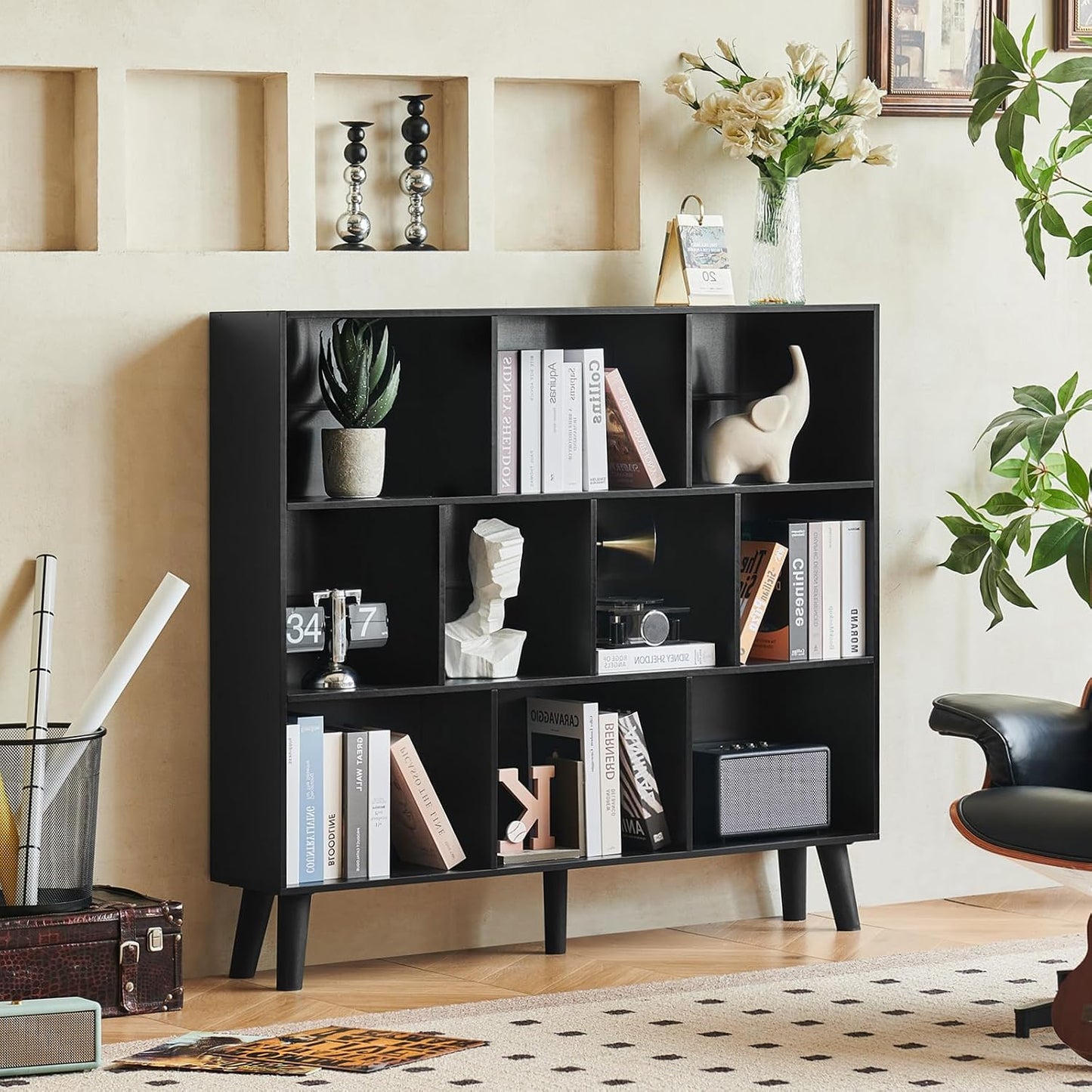 LEYAOYAO Cube Bookshelf 3 Tier Mid-Century Rustic Brown Modern Bookcase with Legs,Retro Wood Bookshelves Storage Organizer Shelf,Freestanding Open Book Shelves for Bedroom,Living Room,Office — Black / 10 Cube with Legs