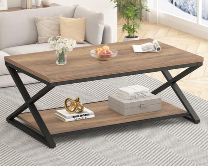 HSH Rustic Farmhouse Coffee Table, Modern Minimalist Wood and Metal Living Room Table, 2 Tie Rectangle Center Table with Storage & Display Shelf, Simple Office Cocktail Tea Table, Rustic Oak, 39 Inch — 47 Inch / Rustic Oak