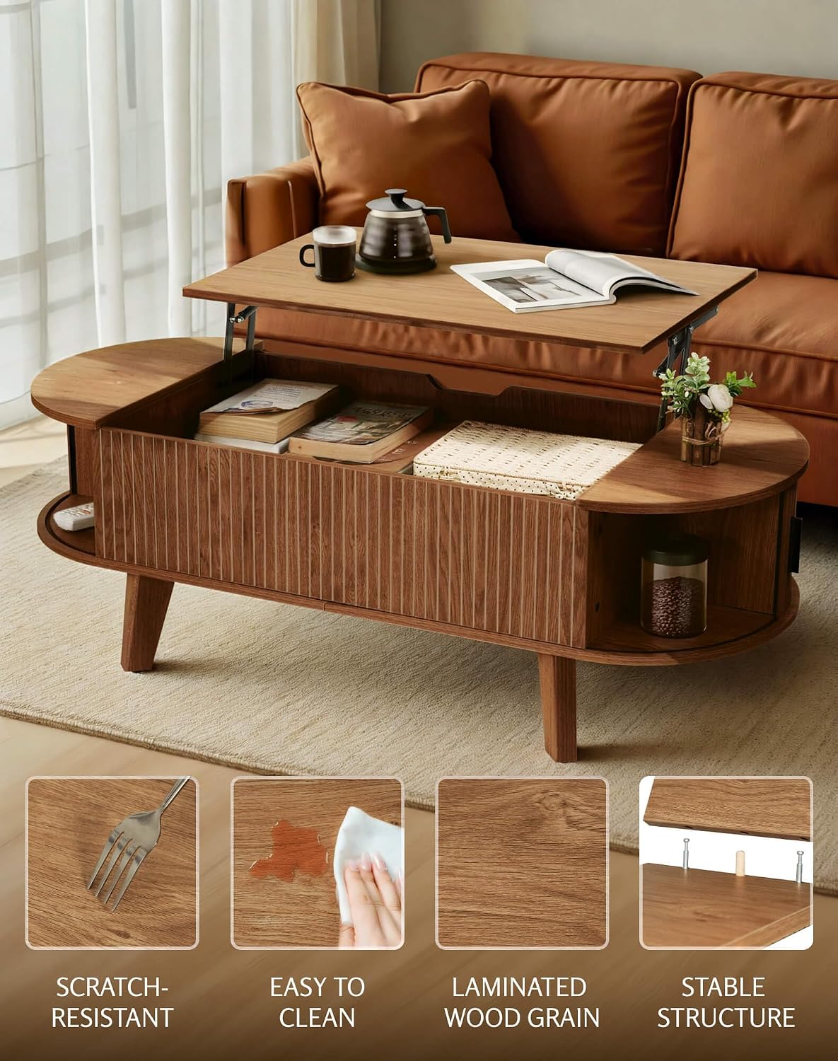 Oval Lift Top Coffee Table with Storage, 47.2" Mid Century Modern Living Room Center Table with 180° Sliding Tambour Door, Wood Fluted Coffee Table for Home Office, Walnut — Walnut / Oval (4)