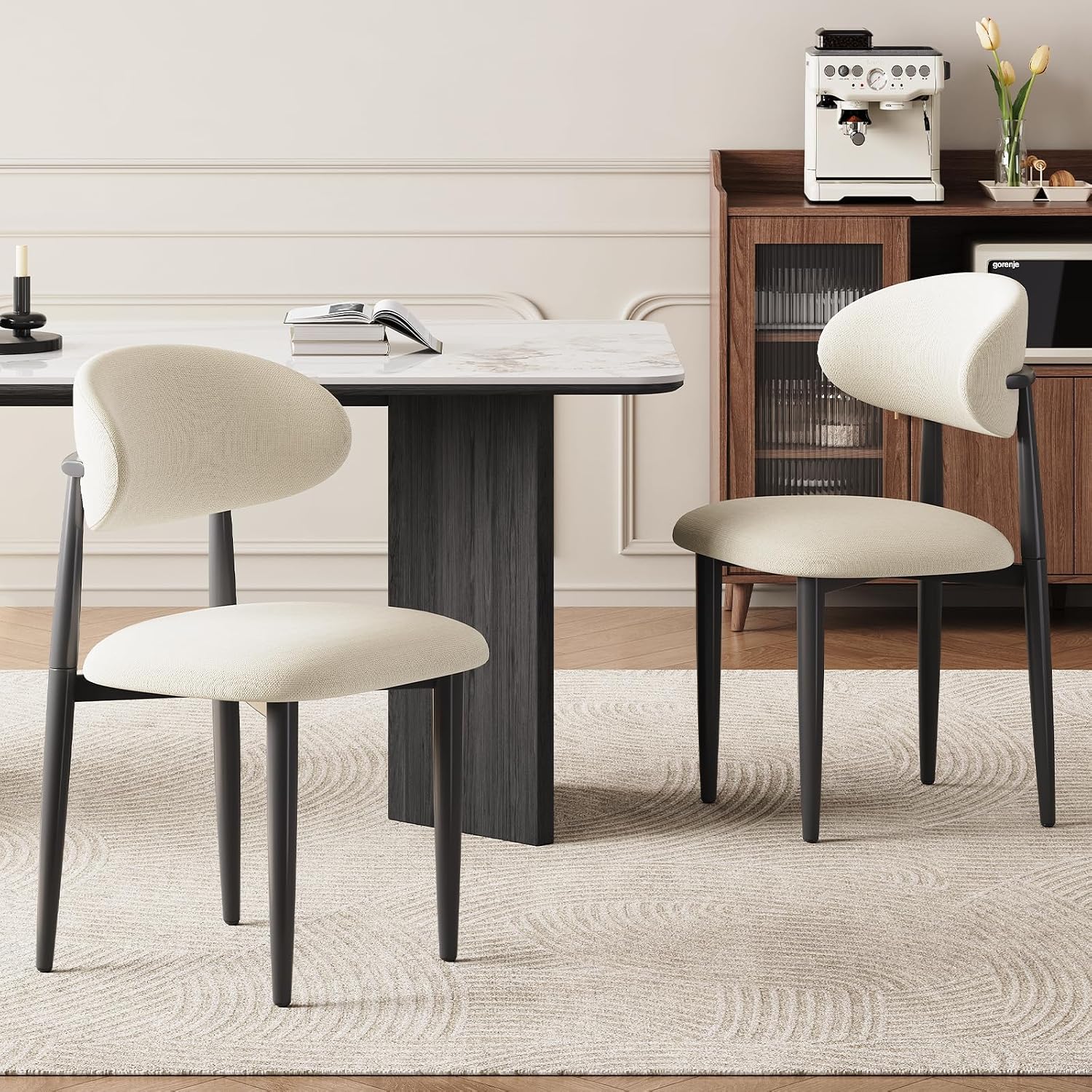 Dining Chairs Set of 4, Modern Fabric Upholstered Dining Room Chair MetalKitchen Chairs, Farmhouse Dinner Chair for Kitchen Dining Room, Beige