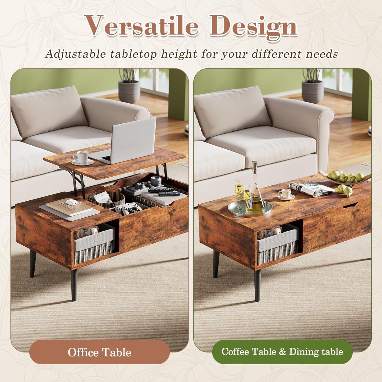 OLIXIS Wooden Coffee Table, Lift Top Coffee Table with Large Hidden Compartment and Ample Storage Shelf, Lift Tabletop Dining Table for Living Room, Home Small Space, Rustic — Rustic / 19.7 inches x 39.4 inches x 6.3 inches (7)
