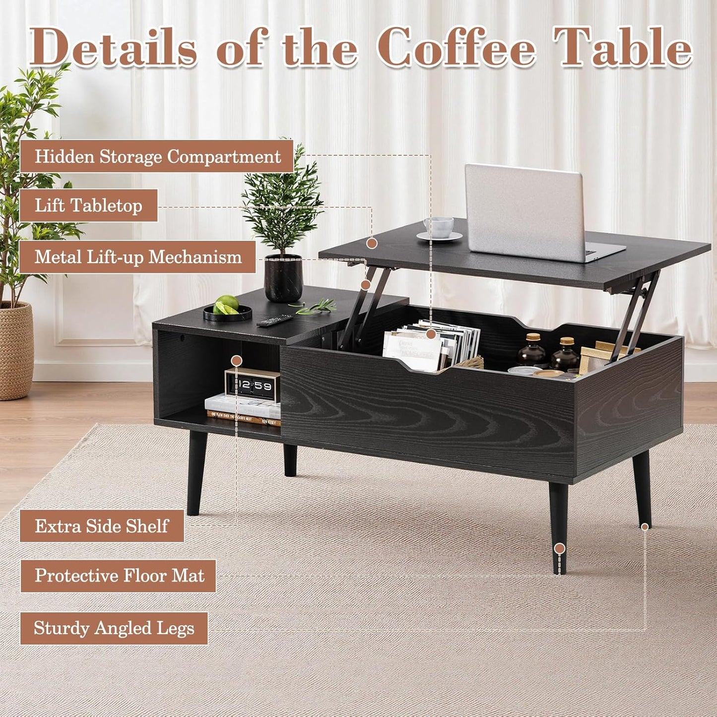 OLIXIS Wood Lift Top Coffee Table with Hidden Compartment and Large Storage Shelf, Lift Tabletop Dining Center Table for Home Living Room Office, Black — Black / 39.4 inches x 19.7 inches x 17 inches (6)
