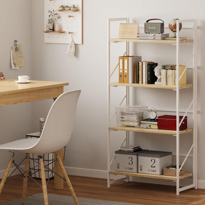 JSB No Assembly Folding Bookshelf, 4 Tier Industrial Metal Book Shelf for Storage, Vintage Wood Foldable Bookcase for Living Room, Bedroom, Office Organization Shelves — White / Flat Tube 4-Tier (4)