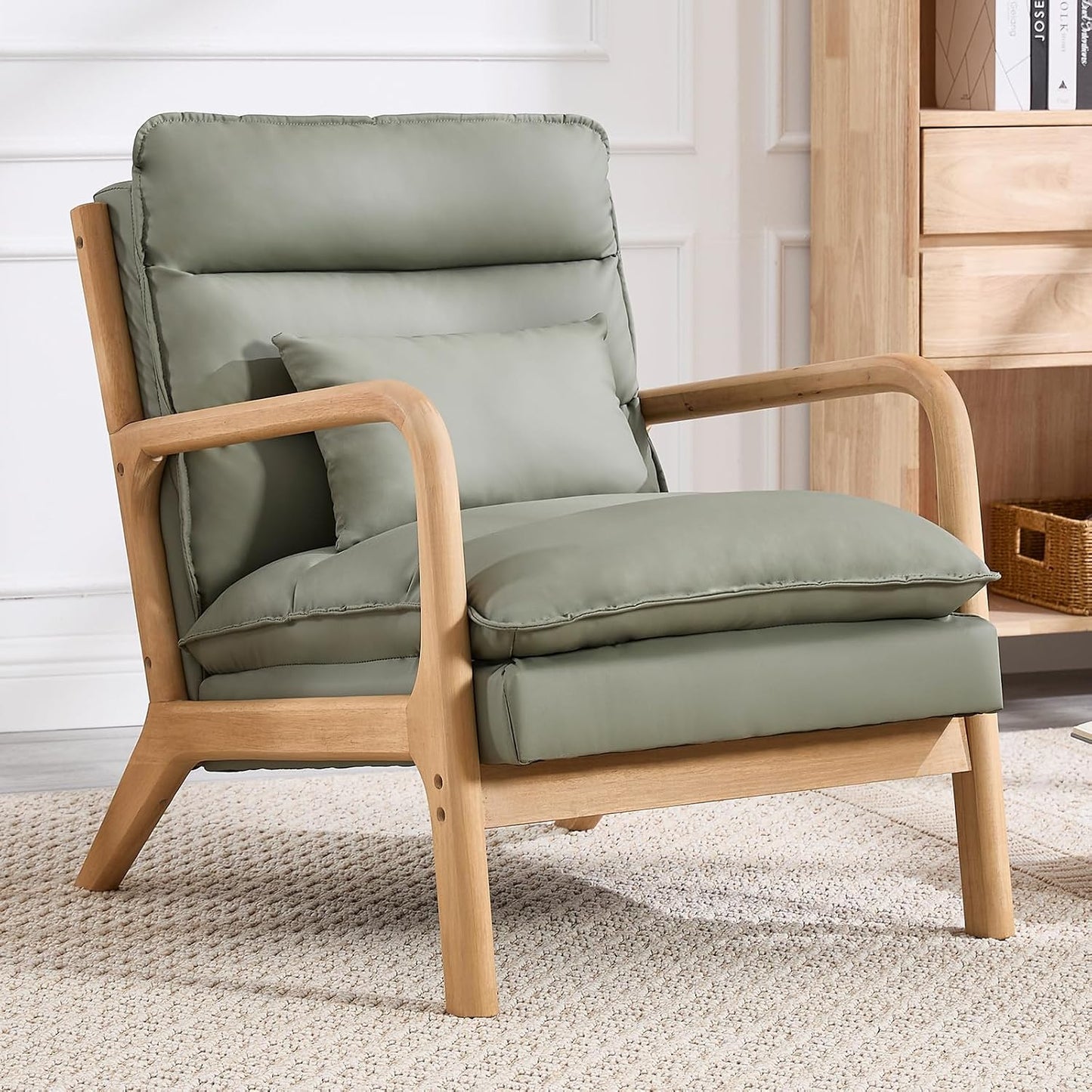 INZOY Mid Century Modern Accent Chair with Wood Frame, Upholstered Living Room Chairs with Waist Cushion, Reading Armchair for Bedroom Sunroom (Beige)