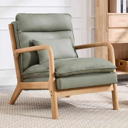 INZOY Mid Century Modern Accent Chair with Wood Frame, Upholstered Living Room Chairs with Waist Cushion, Reading Armchair for Bedroom Sunroom (Beige)