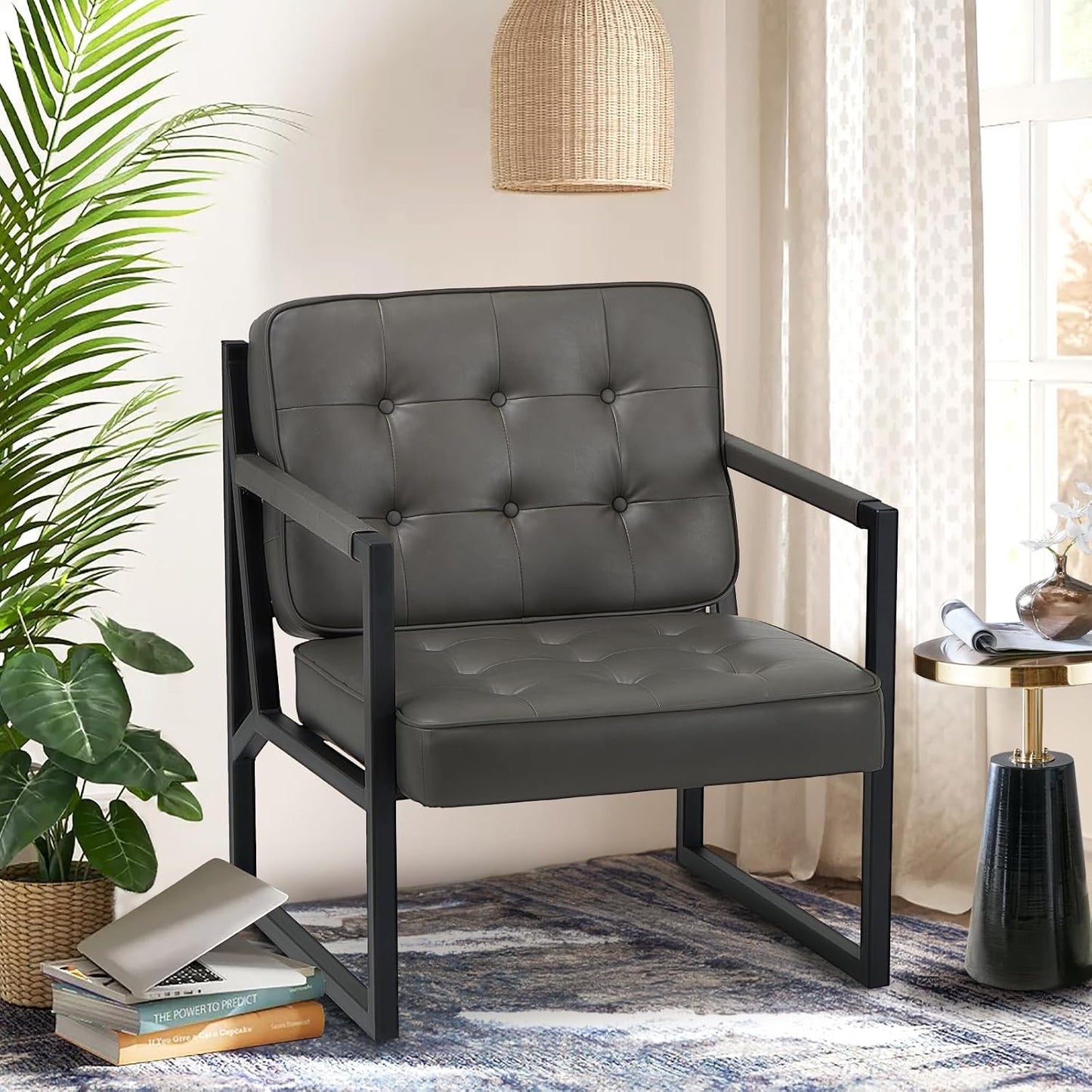 COLAMY Mid Century Modern Accent Chair Set of 2, Comfy Living Room Chair, Black Leather Accent Chair, Faux Leather Reception Armchair with Metal Legs for Living Room Bedroom Reception Office, Black — Grey / Set of 1