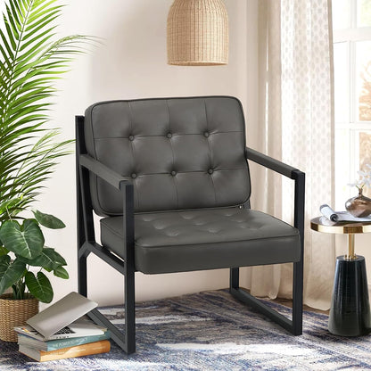 COLAMY Mid Century Modern Accent Chair Set of 2, Comfy Living Room Chair, Black Leather Accent Chair, Faux Leather Reception Armchair with Metal Legs for Living Room Bedroom Reception Office, Black — Grey / Set of 1