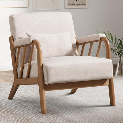 INZOY Mid Century Modern Accent Chair with Wood Frame, Upholstered Living Room Chairs with Waist Cushion, Reading Armchair for Bedroom Sunroom (Beige)