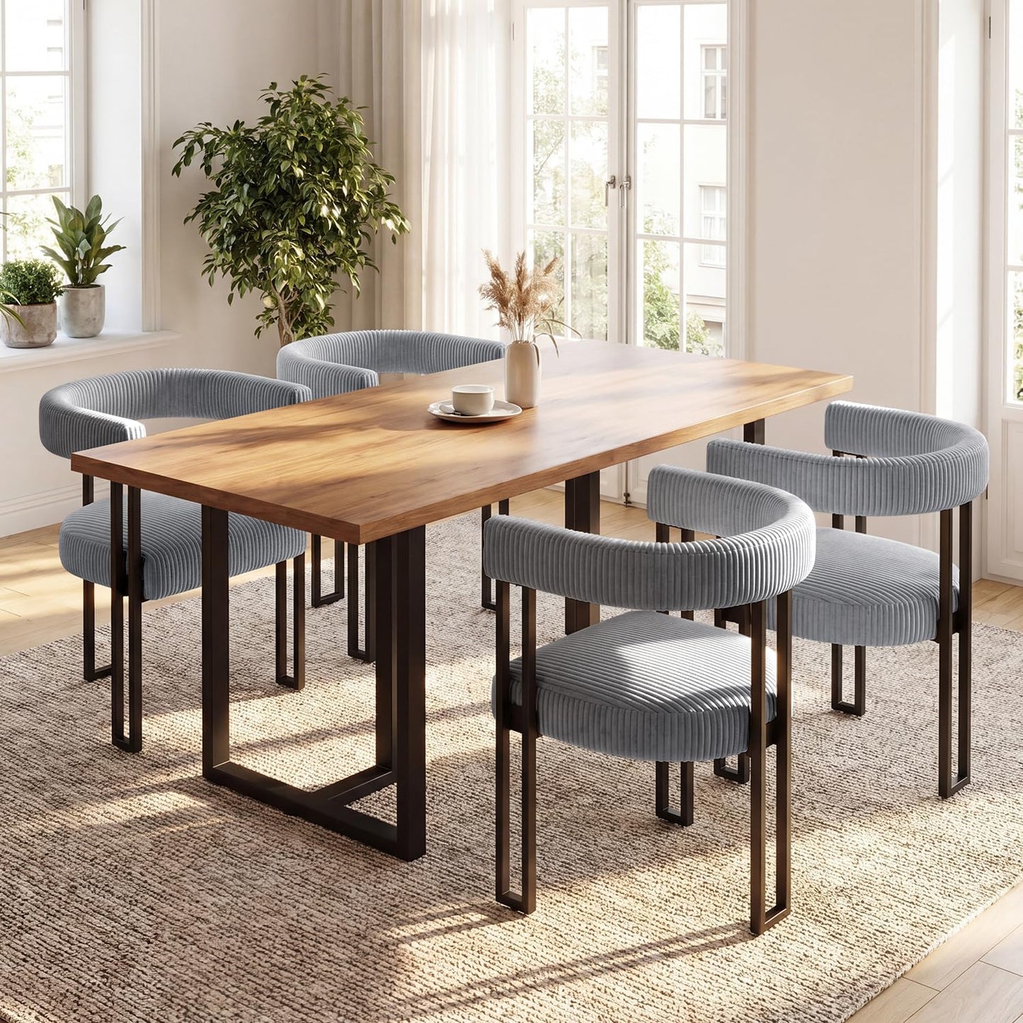VIRRMO Boucle Dining Chair Set of 4 Corduroy Upholstered Dining Room Chairs Kitchen Chairs with Metal Legs Mid Century Modern Chair for Dining Room, Kitchen (Cream, 4) — Grey / 4