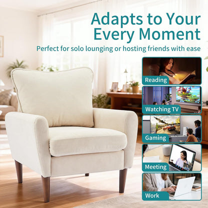 OLIXIS Comfy Accent Chair for Living Room Bedroom and Waiting Room, Upholstered Mid-Century Reading Chair with Pillow and Solid Wood Legs, Wide Singe Modern Lounge Sofa Beige, 2 Pack — Ivory White / 2 (4)