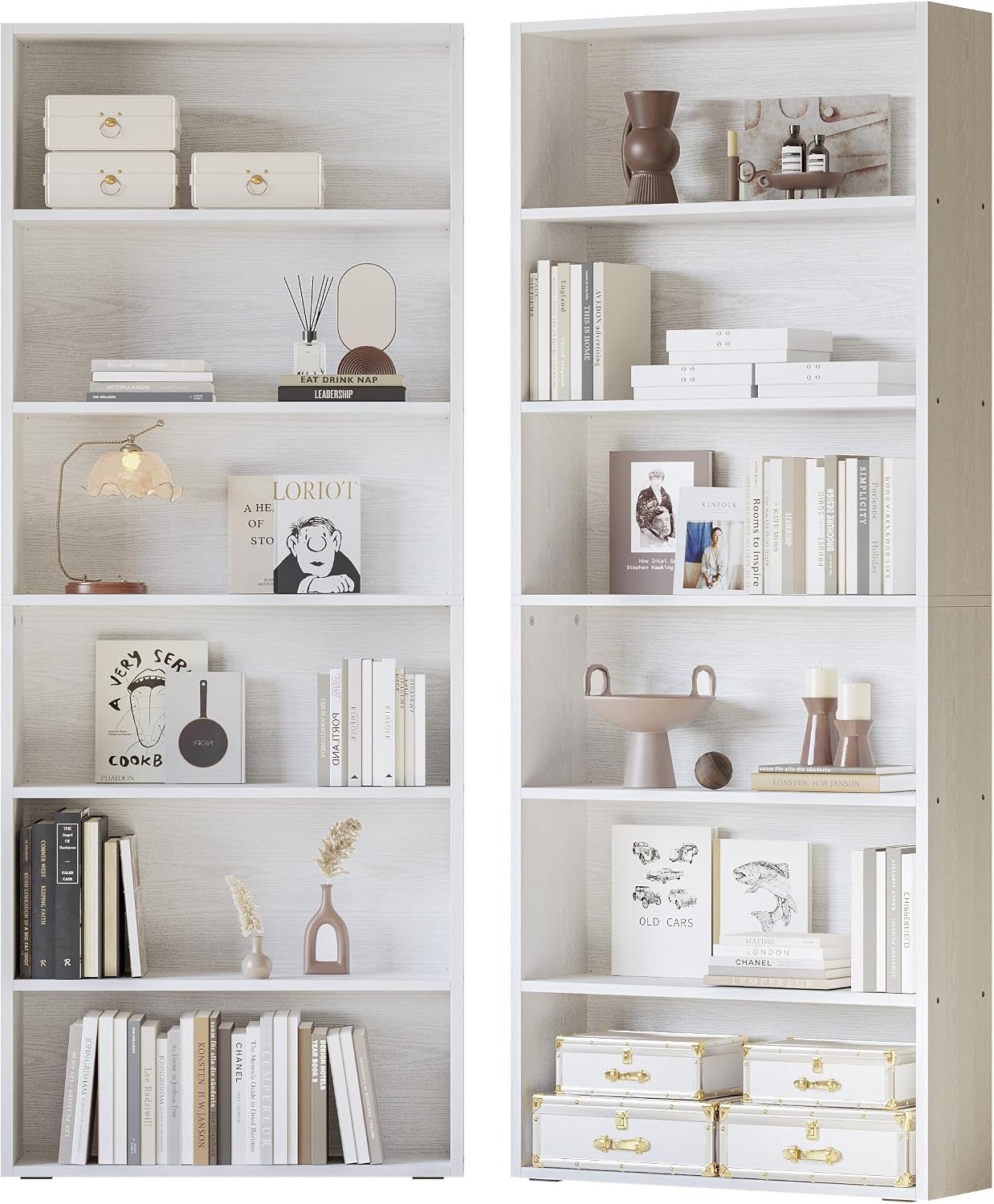 IRONCK Bookshelf and Bookcases 70" Tall, 6 Tiers Display Storage Shelves | Bookshelves Set of 2, Wood Bookcase with Open Display Shelves for Home Office, Living Room, Library, Industrial Brown — Industrial White