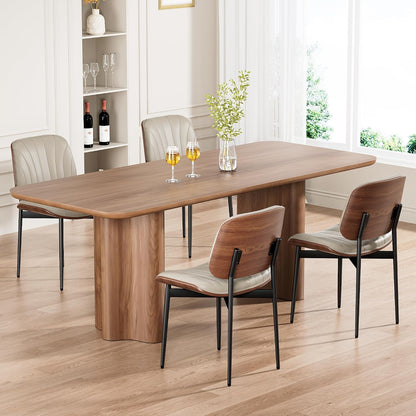 Dining Chairs Set of 4, Mid-Century Modern Upholstered PU Leather Chairs | with Walnut Bentwood Back and Metal Legs Adjustable Feet for Kitchen Dining Room, Black Shell Strips — Greige Shell Strips / 4