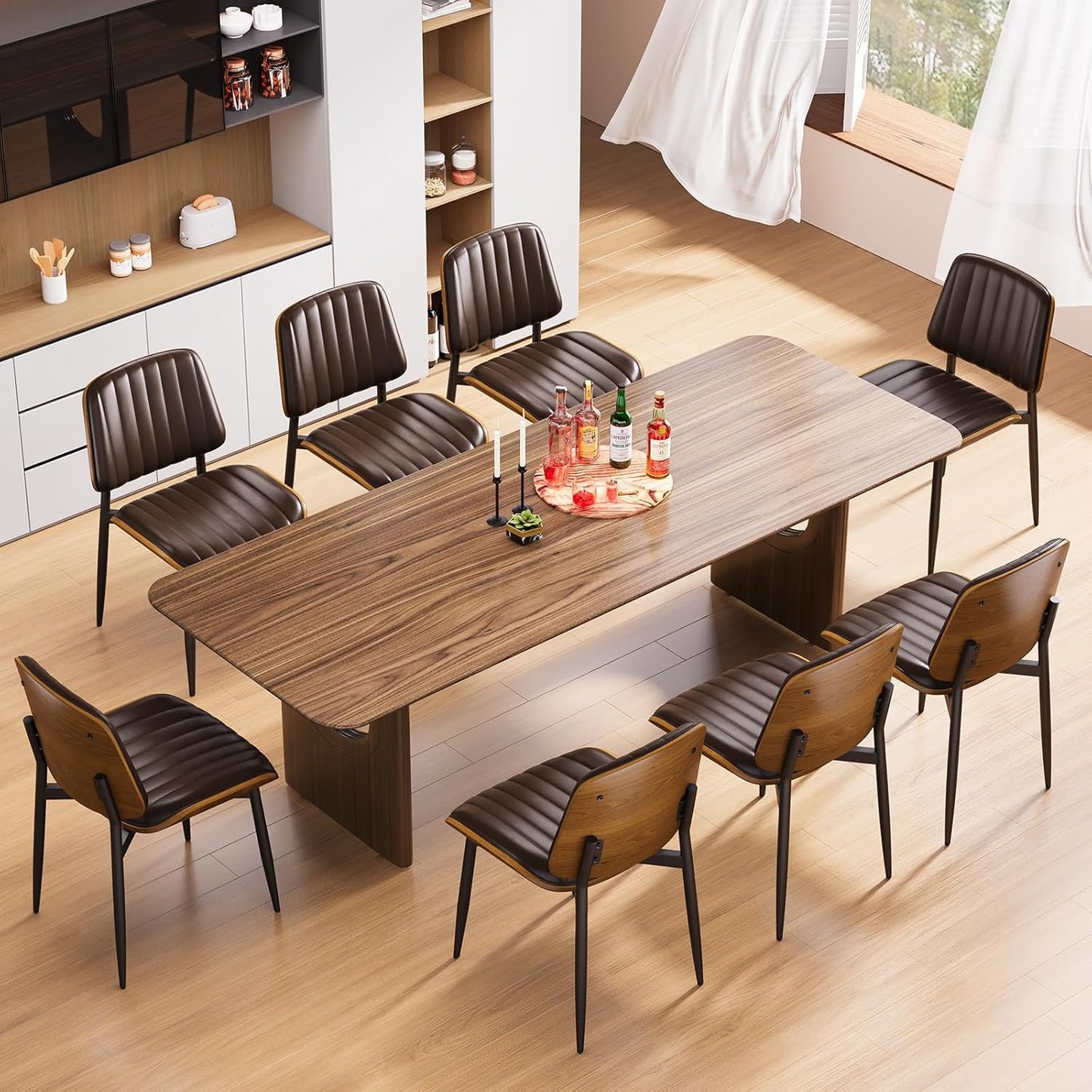 YaFiti Mid Century Dining Chairs Set of 4 with Walnut Bentwood, Greige | Ergonomic Walnut Backrest, Upholstered Waterproof PU Leather Seat, Stable Metal Legs, Adjustable Footpads, Apartment Friendly — Brown Pinstripe / 8