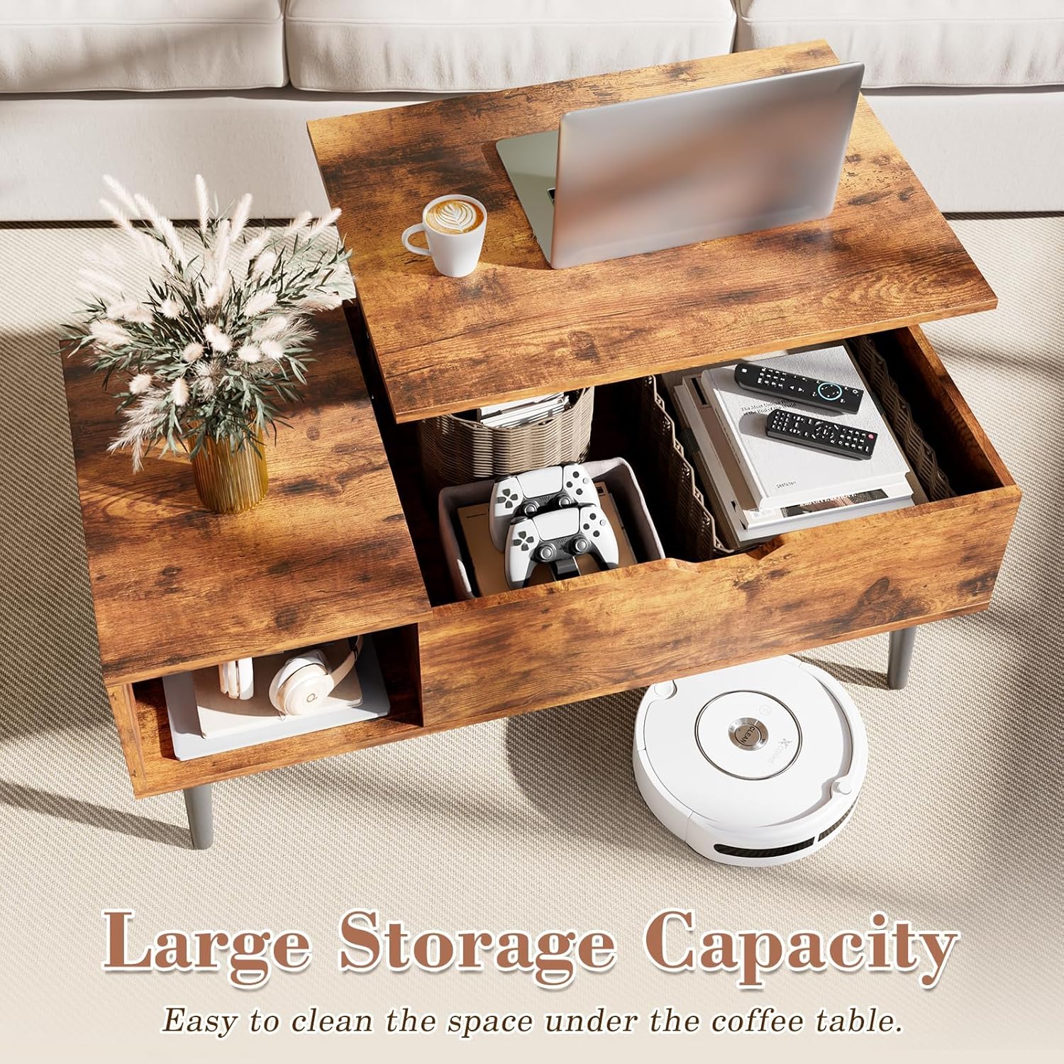 OLIXIS Wooden Coffee Table, Lift Top Coffee Table with Large Hidden Compartment and Ample Storage Shelf, Lift Tabletop Dining Table for Living Room, Home Small Space, Rustic — Rustic / 19.7 inches x 39.4 inches x 6.3 inches (5)