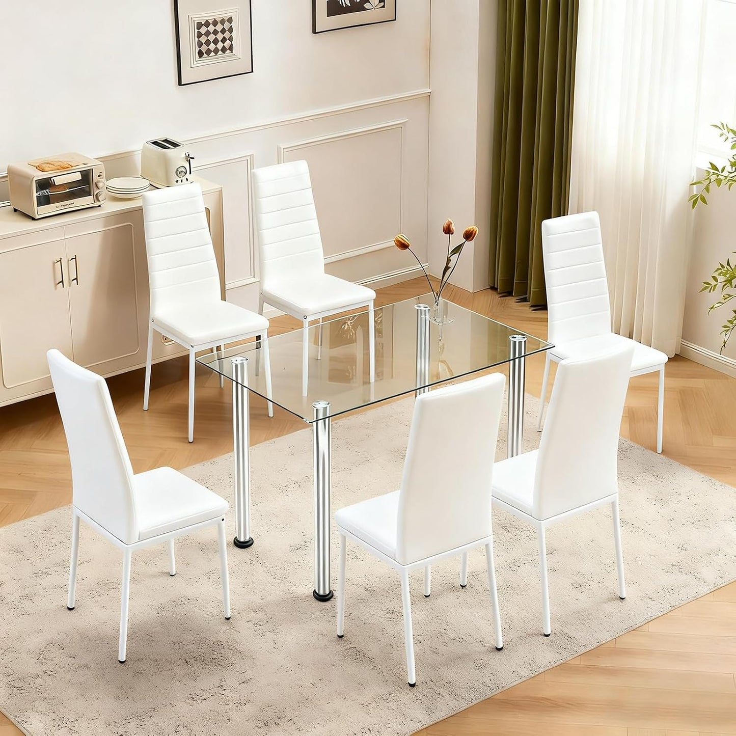 Karl home Dining Chairs Set of 4, PU Leather & High Back, Black | Black kitchen chairs with padded seats & foot cap protection for dining kitchen living room,300lbs capacity,space-saving — White / Set of 6