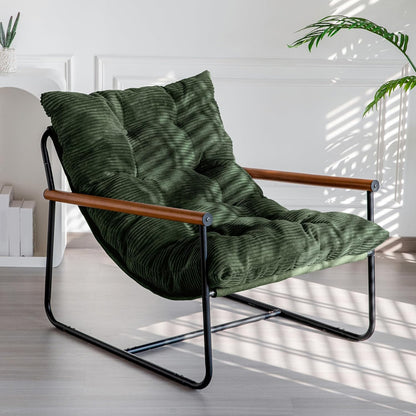 MAXYOYO Modern Accent Chair, Comfy Living Room Chair with Metal Frame Wooden Armrest, Upholstered Armchair with Soft Cushion for Bedroom Balcony Lounge Reading Room, Beige — Dark Green (Corded Fabric) / Standard