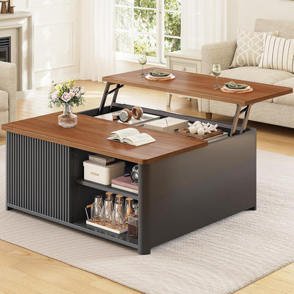 SEDETA 31.5" Lift Top Coffee Table with Storage, Square Coffee Tables for Living Room, Farmhouse Coffee Table with Large Hidden Storage Compartment and Adjustable Shelves, Black — Fluted Black