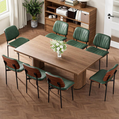 Dining Chairs Set of 4, Mid-Century Modern Upholstered PU Leather Chairs | with Walnut Bentwood Back and Metal Legs Adjustable Feet for Kitchen Dining Room, Camel Shell Strips — Dark Green Shell Strips / 8