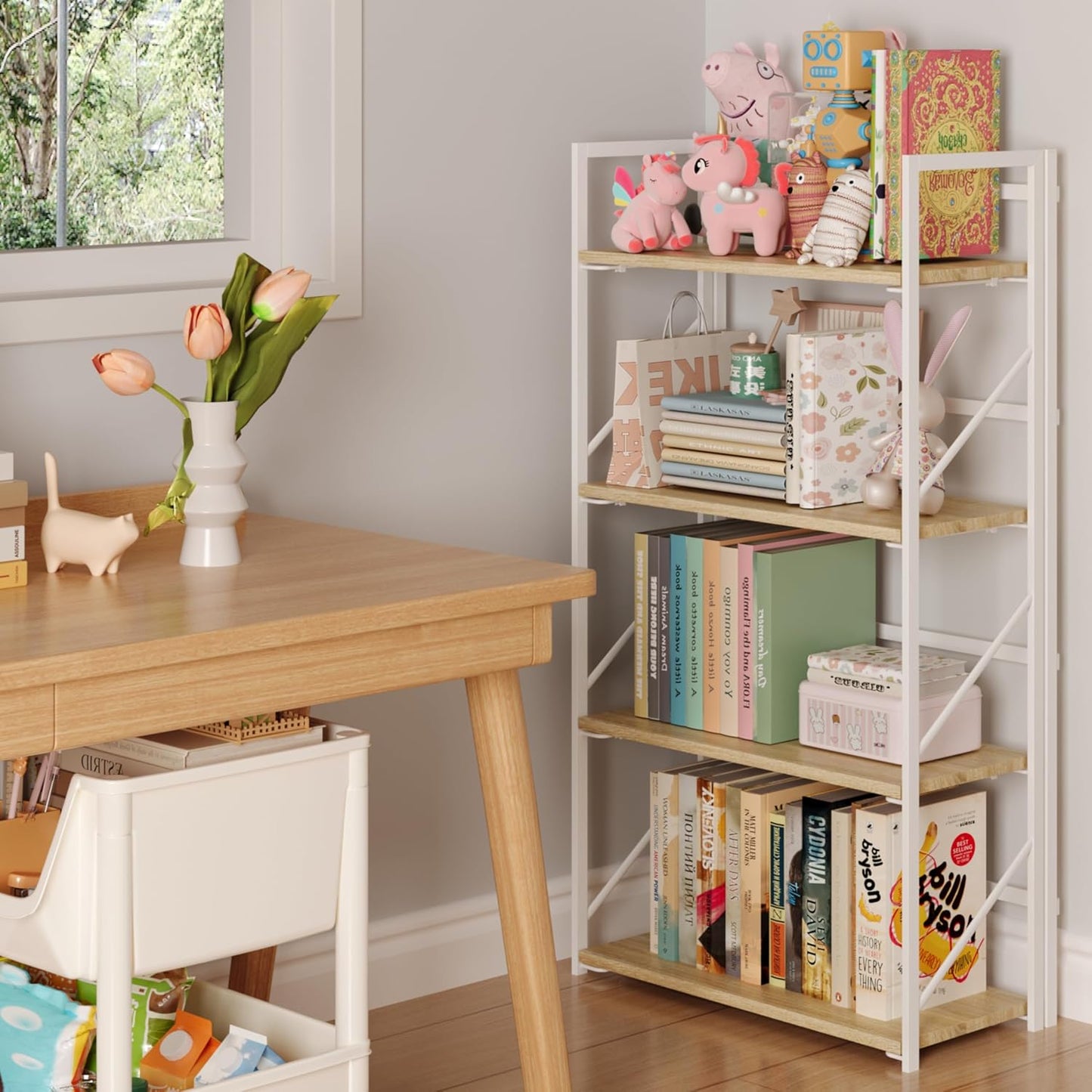 JSB No Assembly Folding Bookshelf, 4 Tier Industrial Metal Book Shelf for Storage, Vintage Wood Foldable Bookcase for Living Room, Bedroom, Office Organization Shelves — White / Flat Tube 4-Tier (2)