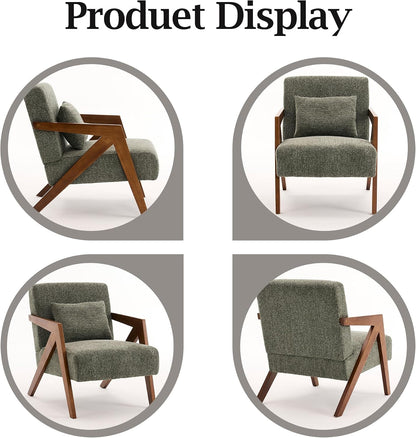 Mid-Century Modern Accent Chair with Solid Wood Frame，Upholstered Chenille Living Room Arm Chairs with Pillow for Bedroom, Living Room, Balcony, Reading Room, Green — 1 / Green (6)