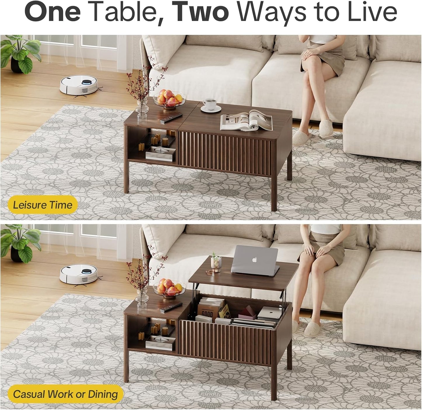 Fluted Lift Top Coffee Table with Hidden & Open Storage, Rectangle Modern Coffee Table for Living Room, Smooth Hydraulic Lift, Large Capacity, Safe Round Corners, Easy to Clean, Vertical Grain-Brown — Vertical Grain-brown (4)