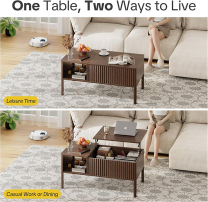 Fluted Lift Top Coffee Table with Hidden & Open Storage, Rectangle Modern Coffee Table for Living Room, Smooth Hydraulic Lift, Large Capacity, Safe Round Corners, Easy to Clean, Vertical Grain-Brown — Vertical Grain-brown (4)