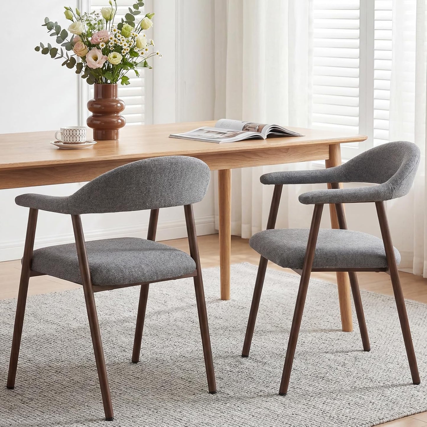 DUMOS Dining Chairs Set of 4, Linen Fabric Upholstered Kitchen Side Chairs with Curved Backrest & Metal Legs, Modern Farmhouse Accent Chair for Dining Room Kitchen Living Room Cafe, Beige — Grey / 2pc