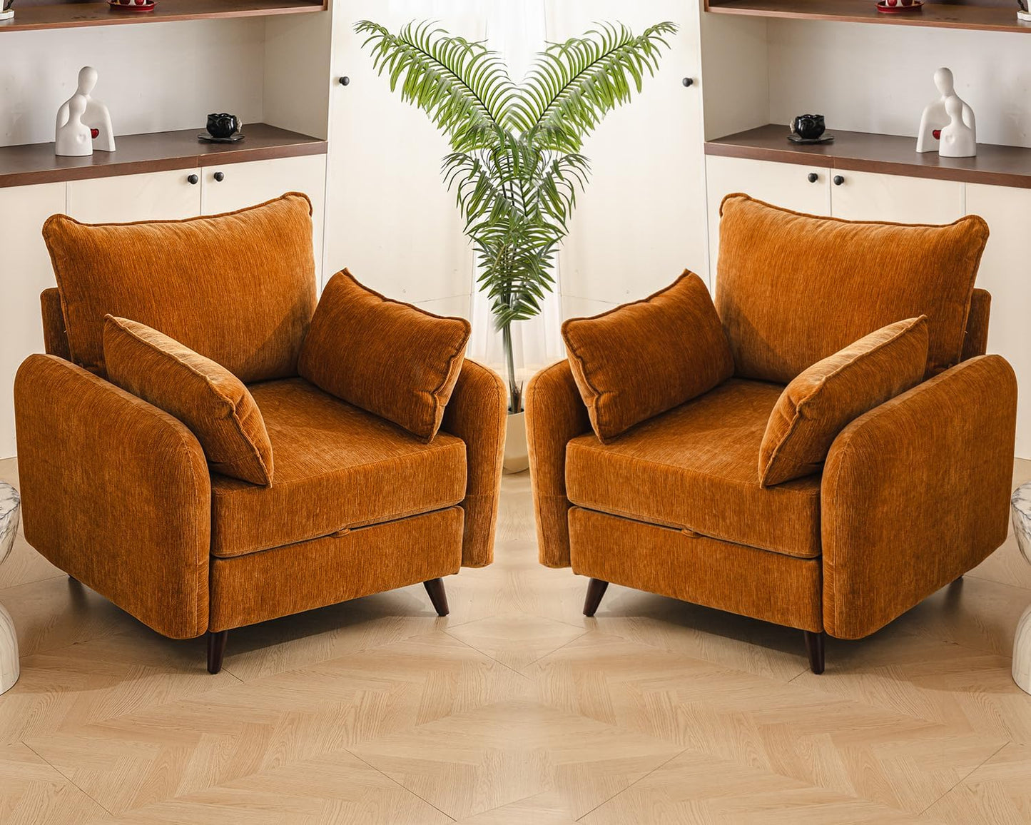 Rexulqo Oversized Accent Chair with All Seats Storage,Comfy Living Room Chairs with 2 Throw Pillow,Upholstered Mid-Century Armchair,24.5'' Deep Seat,Reading Chair for Bedroom,Office,Chenille,Orange