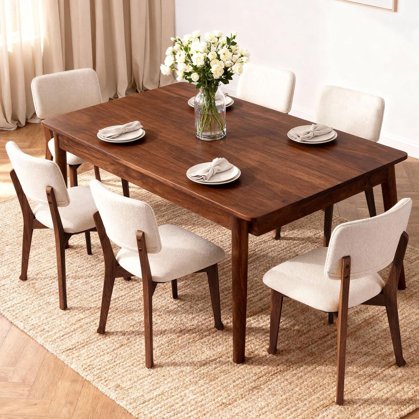 Wooden Dining Chairs Set of 2, Mid Century Modern Kitchen Chairs with Fabric Upholstered and Curved Backrest for Dining Room, Restaurant/Cafe, Walnut — Walnut / 6