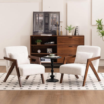 Mid-Century Modern Accent Chair with Solid Wood Frame，Upholstered Chenille Living Room Arm Chairs with Pillow for Bedroom, Living Room, Balcony, Reading Room, Green