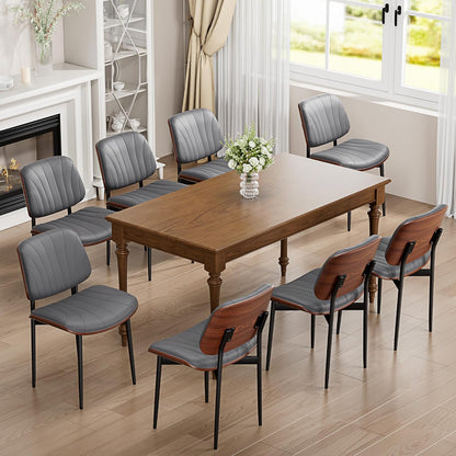 YaFiti Mid Century Dining Chairs Set of 4 with Walnut Bentwood, Greige | Ergonomic Walnut Backrest, Upholstered Waterproof PU Leather Seat, Stable Metal Legs, Adjustable Footpads, Apartment Friendly — Gray Scallop / 8