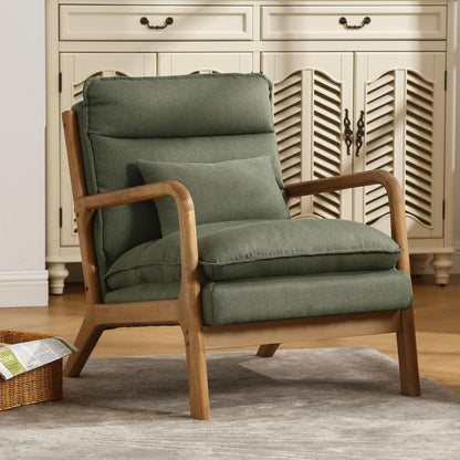 INZOY Mid Century Modern Accent Chair with Wood Frame, Upholstered Living Room Chairs with Waist Cushion, Reading Armchair for Bedroom Sunroom (Beige) — Blackish Green / Classic