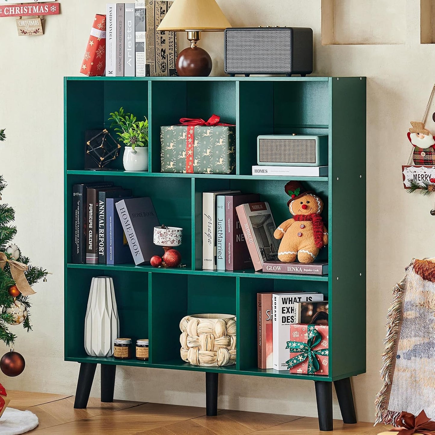 LEYAOYAO Cube Bookshelf 3 Tier Mid-Century Rustic Brown Modern Bookcase with Legs,Retro Wood Bookshelves Storage Organizer Shelf,Freestanding Open Book Shelves for Bedroom,Living Room,Office — Dark Green / 8 Cube with Legs