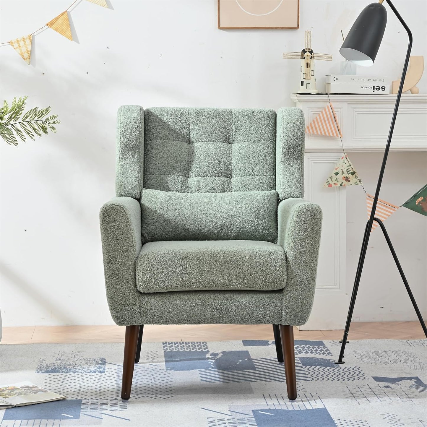 Accent Chair, Comfy Upholstered Living Room Chairs with High Tufted Backrest and Pillow, Wingback Reading Chair with Solid Wood Legs for Bedroom/Office,Teddy Fabric, Light Green — Set of 1 / Light Green(a) (3)