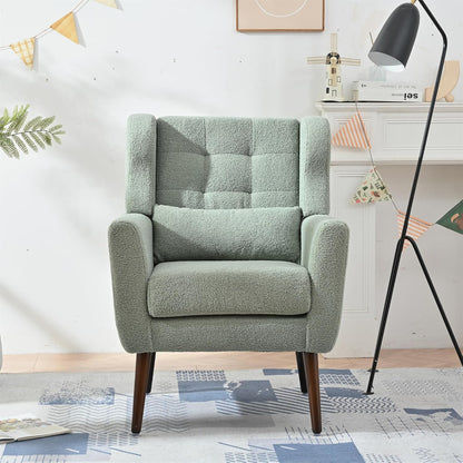 Accent Chair, Comfy Upholstered Living Room Chairs with High Tufted Backrest and Pillow, Wingback Reading Chair with Solid Wood Legs for Bedroom/Office,Teddy Fabric, Light Green — Set of 1 / Light Green(a) (3)