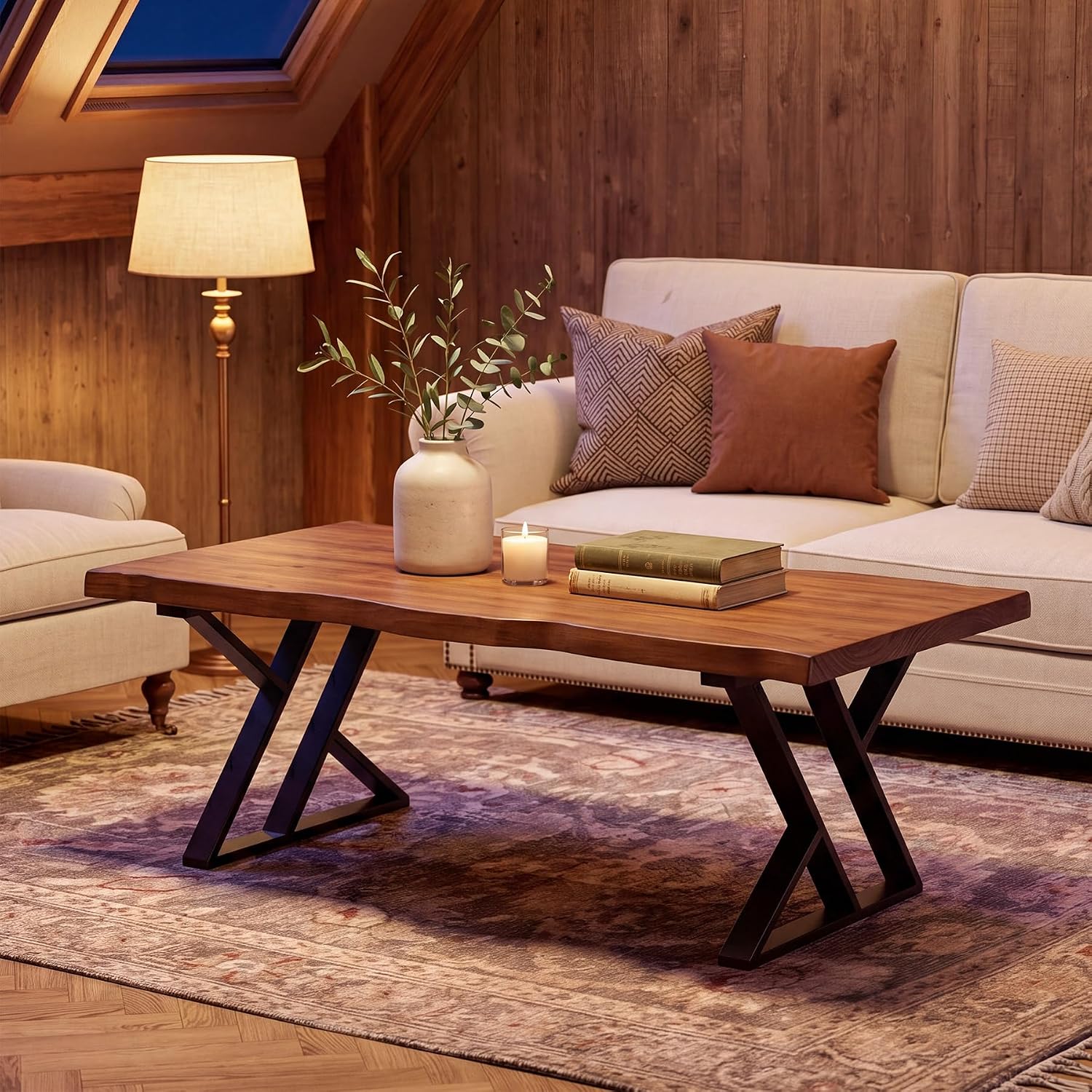 47 Inch Solid Wood Coffee Table with X-Shaped Metal Legs for Living Room | Pinewood Tabletop, Wavy Sihouette Design, Adjustable Foot Pads, Spacious Accent Center Table for Daily Storage & Display