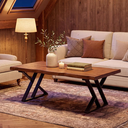 47 Inch Solid Wood Coffee Table with X-Shaped Metal Legs for Living Room | Pinewood Tabletop, Wavy Sihouette Design, Adjustable Foot Pads, Spacious Accent Center Table for Daily Storage & Display