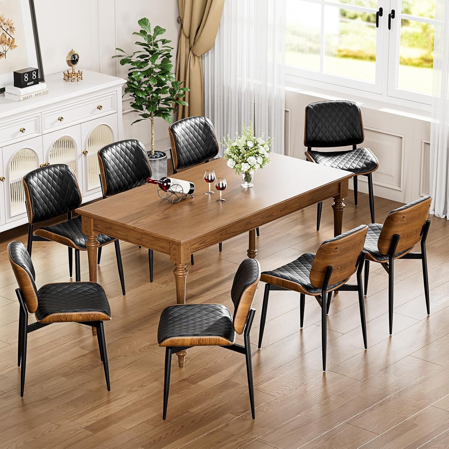 YaFiti Mid Century Dining Chairs Set of 4 with Walnut Bentwood, Greige | Ergonomic Walnut Backrest, Upholstered Waterproof PU Leather Seat, Stable Metal Legs, Adjustable Footpads, Apartment Friendly — Black Lozenge / 8