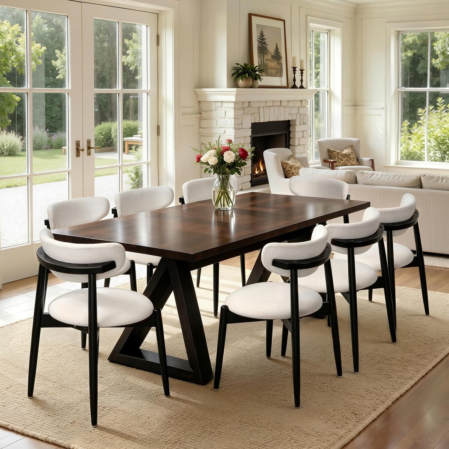 CHUN YI Dining Chairs Set of 4, Upholstered Wooden Dining Room Chairs, Mid Century Modern Fabric Kitchen Chair with Ergonomic Curved Backrest, Beige (Only Chairs) — Round-cream-black / Set of 8