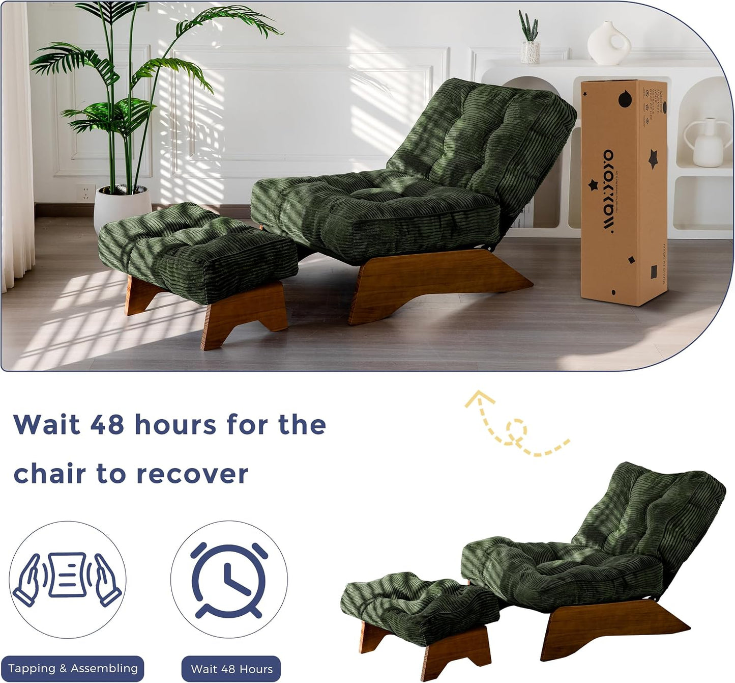 MAXYOYO Accent Chair with Ottoman Adjustable Backrest, Tufted Living Room Chair Upholstered Lounge Chair with Footrest Set, Modern Chair Cozy Reclining Chair for Reading Room, Green — Corded-green / Large (8)