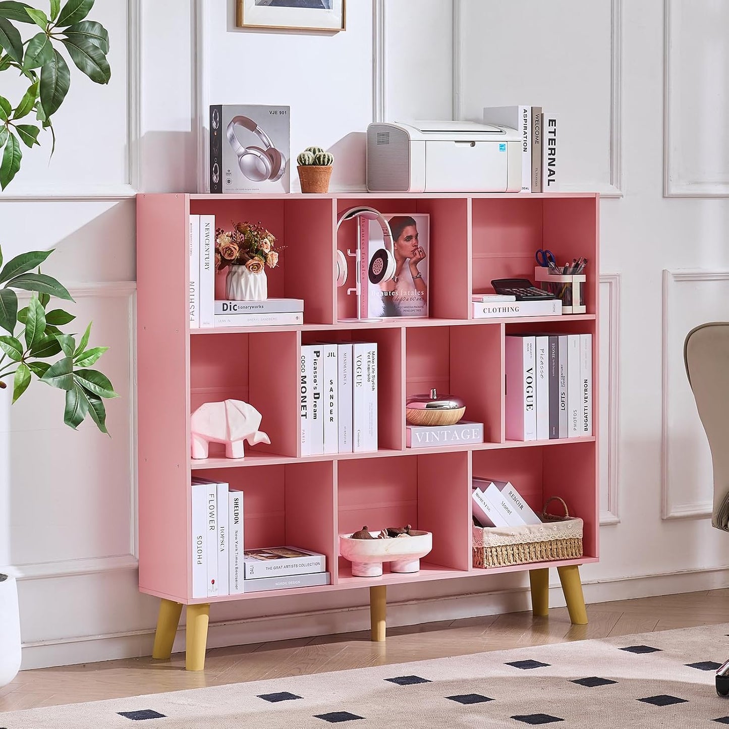 LEYAOYAO Cube Bookshelf 3 Tier Mid-Century Rustic Brown Modern Bookcase with Legs,Retro Wood Bookshelves Storage Organizer Shelf,Freestanding Open Book Shelves for Bedroom,Living Room,Office — Light Pink / 10 Cube with Legs