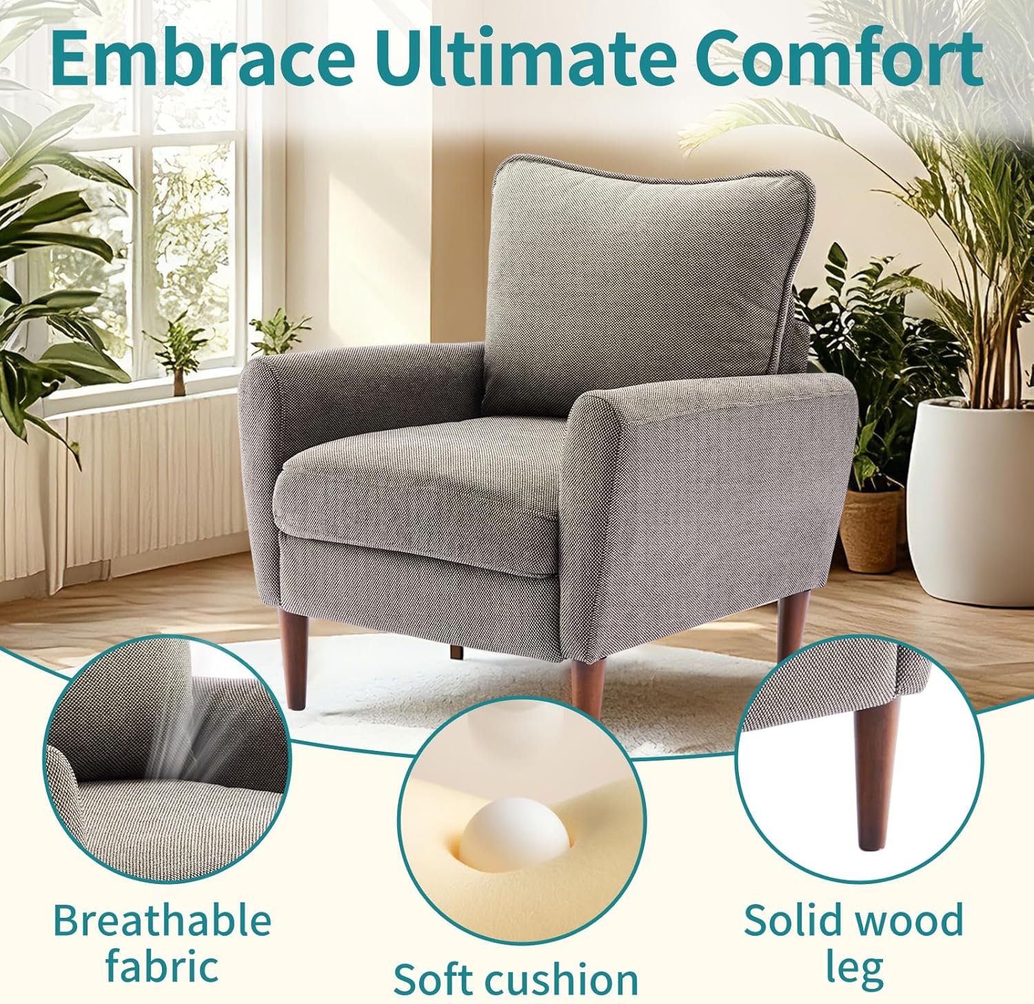 OLIXIS Comfy Accent Chair for Living Room Bedroom and Waiting Room, Upholstered Mid-Century Reading Chair with Pillow and Solid Wood Legs, Wide Singe Modern Lounge Sofa, Gray — Deep Gray / 1 (7)