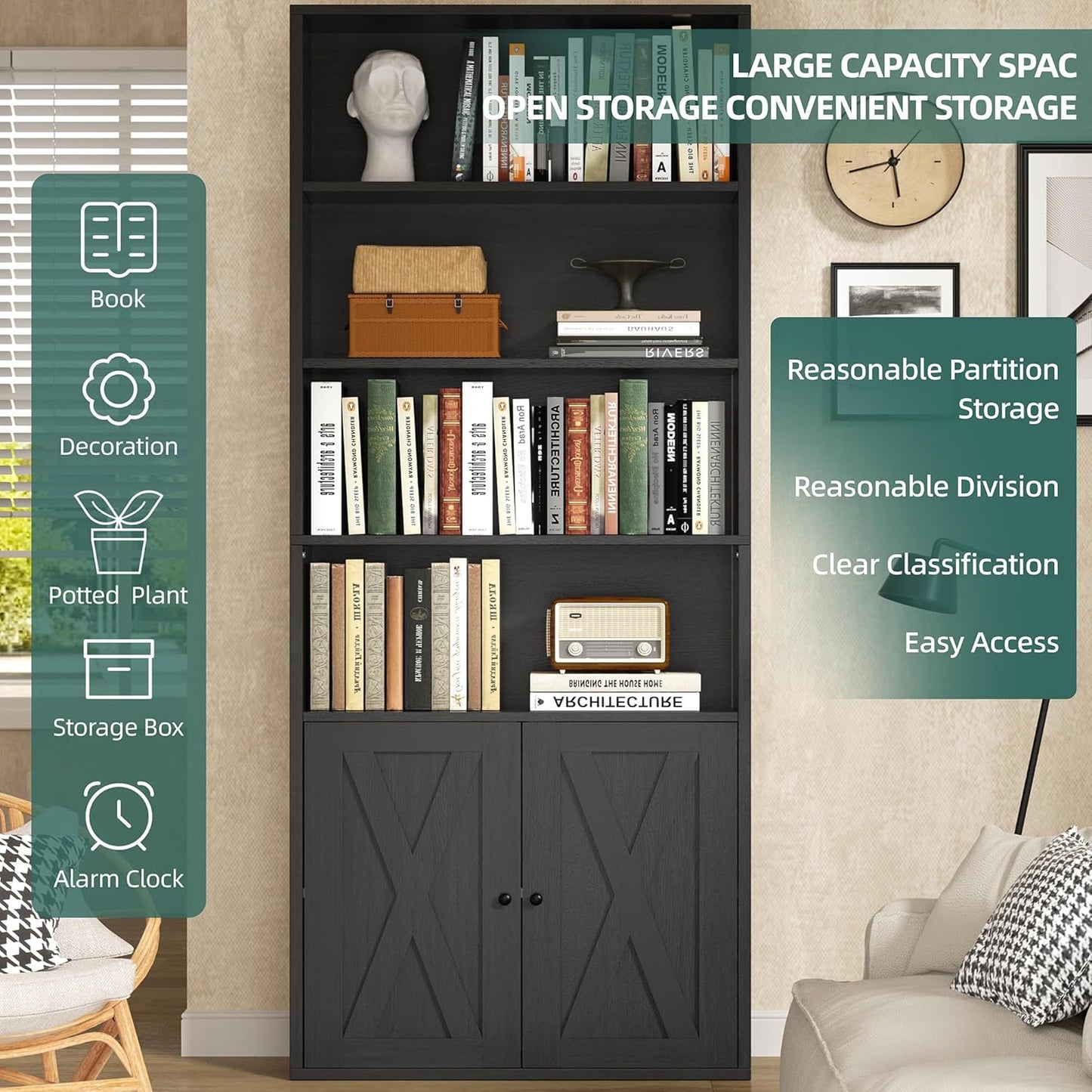 Shintenchi Bookshelf, Industrial Bookshelves and Bookcases with Doors Floor Standing 6 Shelf Display Storage Shelves 70.9 inches Tall Bookcase for Home Office, Living Room (Black) — Black (4)