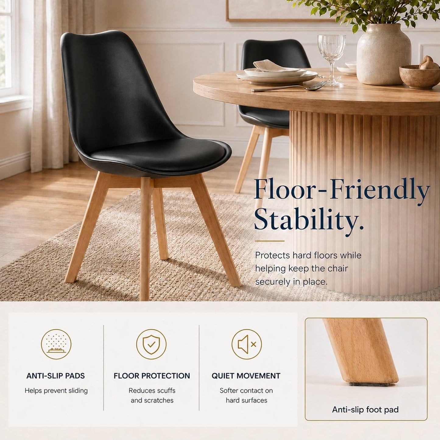 Dining Chairs Set of 4, Modern Upholstered Dining Room Chairs with PU Leather Padded Seat, Armless Kitchen Chairs with Curved Backrest and Solid Wood Legs for Dining Room, Kitchen, Apartment, Black — Black / Pack of 4 (7)