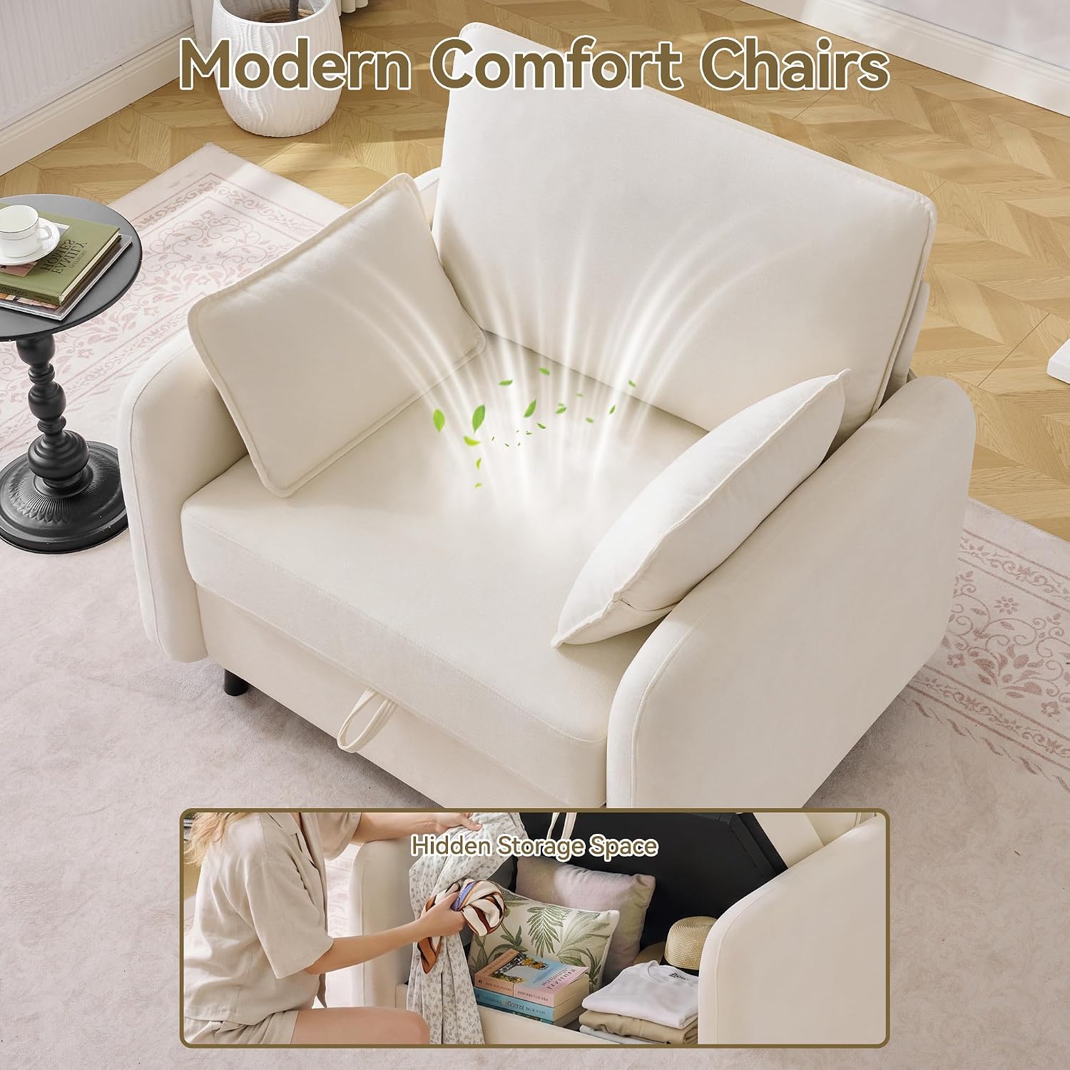 41" Oversized Accent Chair with Storage, Single Sofa for Living Room Beige | Modern Accent Chairs with Storage, Deep Seat Armchair Upholstered Comfy Reading Chair for Living Room, Bedroom, Chenille — Beige / 1PC Chair (4)