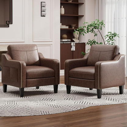 MALOL PU Leather Accent Chair, Mid-Century Modern Living Room Armchair Sofa with Removable Cushions, Solid Wood Frame & Stitched Armrest Design, Bedroom Chair with Plastic Legs, Chocolate Brown