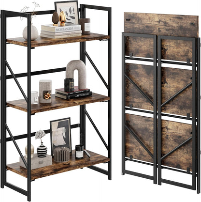 JSB No Assembly Folding Bookshelf, 4 Tier Industrial Metal Book Shelf for Storage, Vintage Wood Foldable Bookcase for Living Room, Bedroom, Office Organization Shelves — Fire Brown / Flat Tube 3-Tier